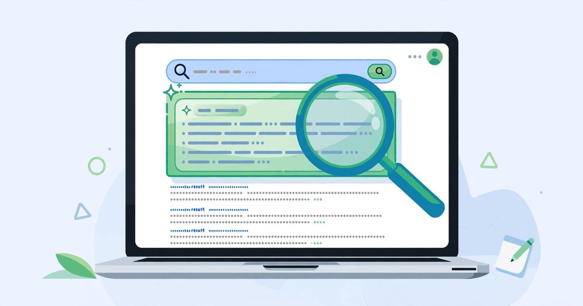 Google AI Overviews on brand searches: laptop showing a search page with an AI summary card above results and a magnifying glass