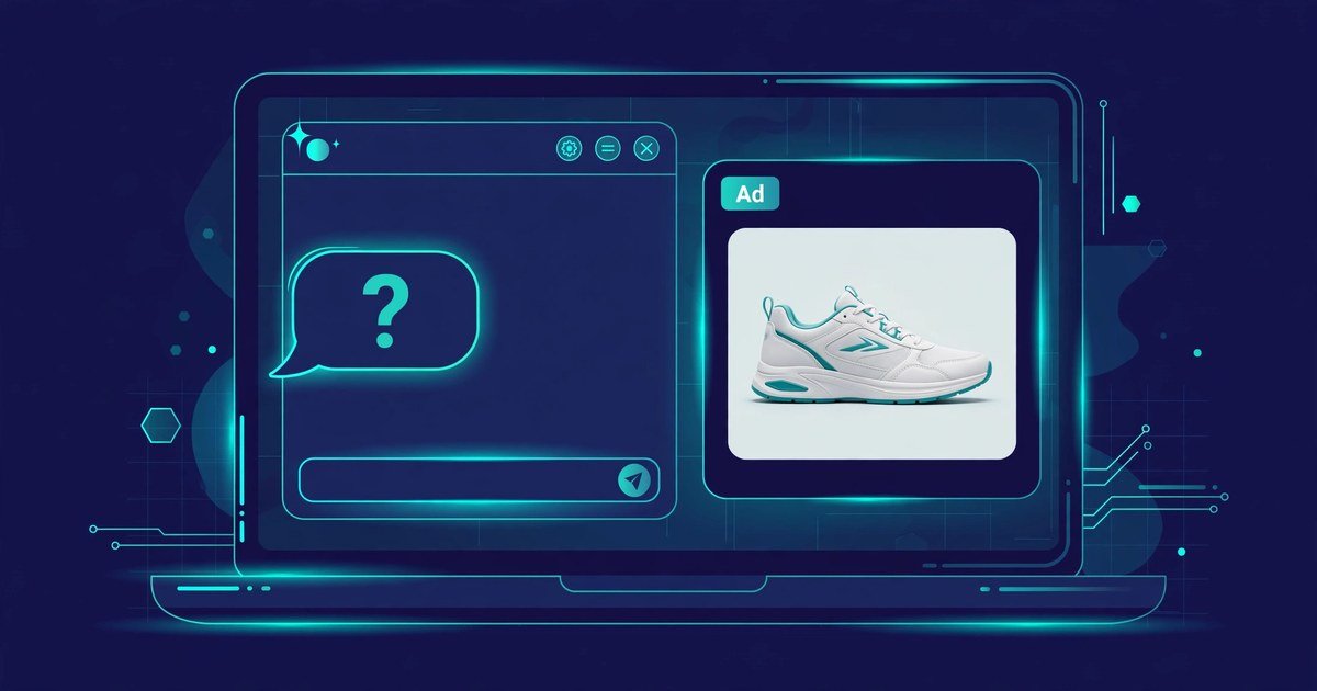 ChatGPT visual ads concept: AI chat interface showing a labeled product advertisement card beside a generated image