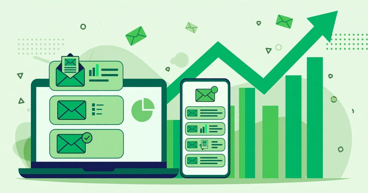 Email marketing for small businesses: envelopes on a laptop and phone with a rising growth chart