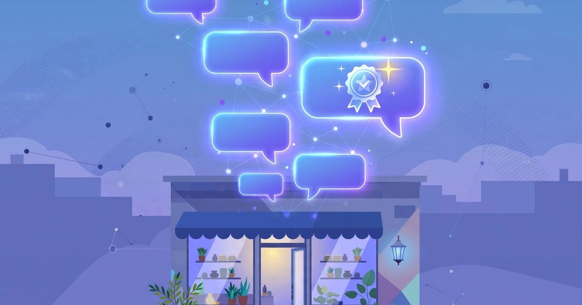 Small business storefront with AI chat bubbles and a citation badge, getting cited by AI search assistants