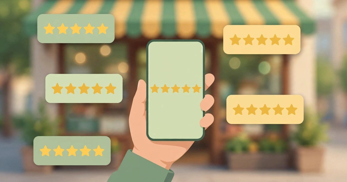 Google reviews for small businesses: smartphone showing five star ratings with review cards and a local storefront