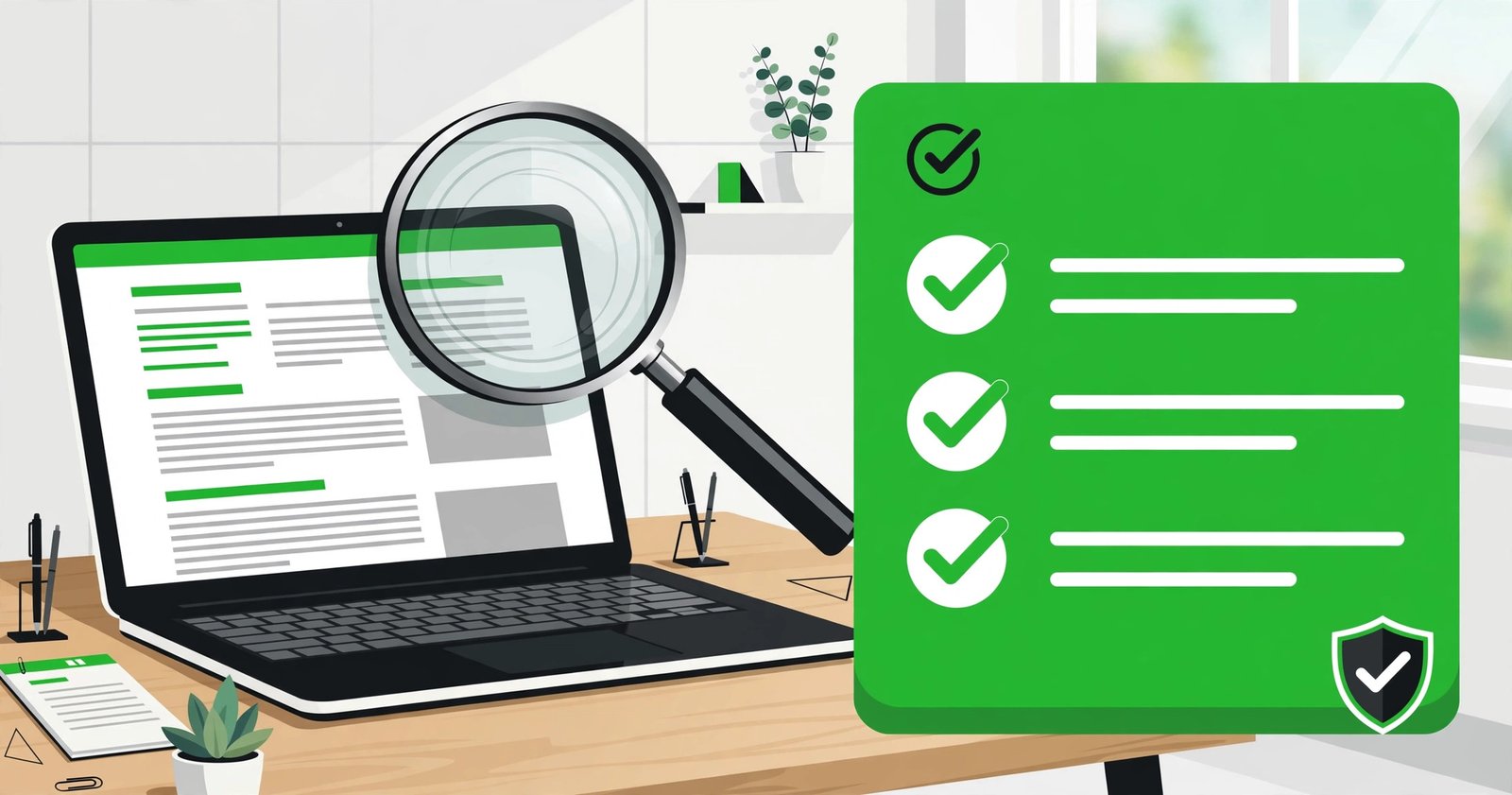 Google AI content guidelines review: laptop showing a website article with a verification checklist, magnifying glass, and checkmark badge