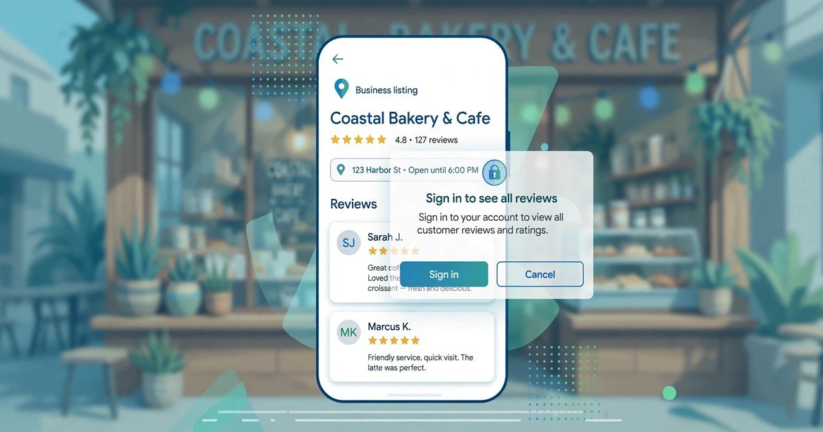 Google Maps sign-in prompt covering customer review cards on a smartphone for a local business listing