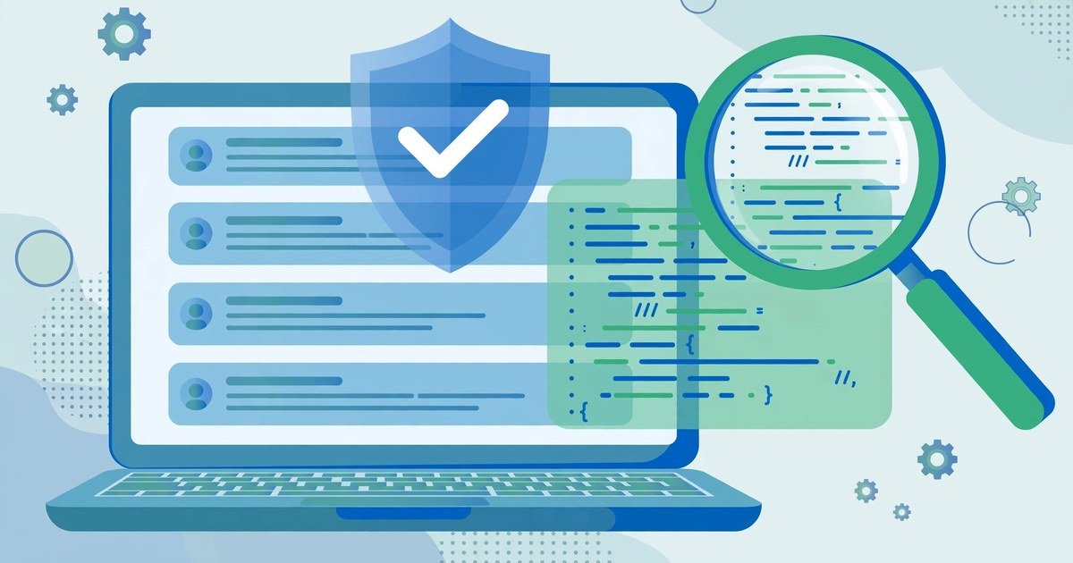 Google September 2026 spam update concept: search results on a laptop with a shield checkmark and magnifying glass over website code