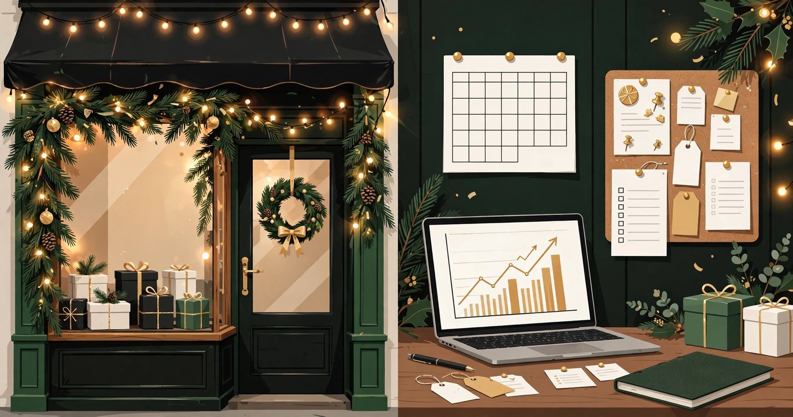 Holiday marketing plan for local businesses: decorated storefront with gift boxes, marketing calendar, and laptop showing rising sales charts