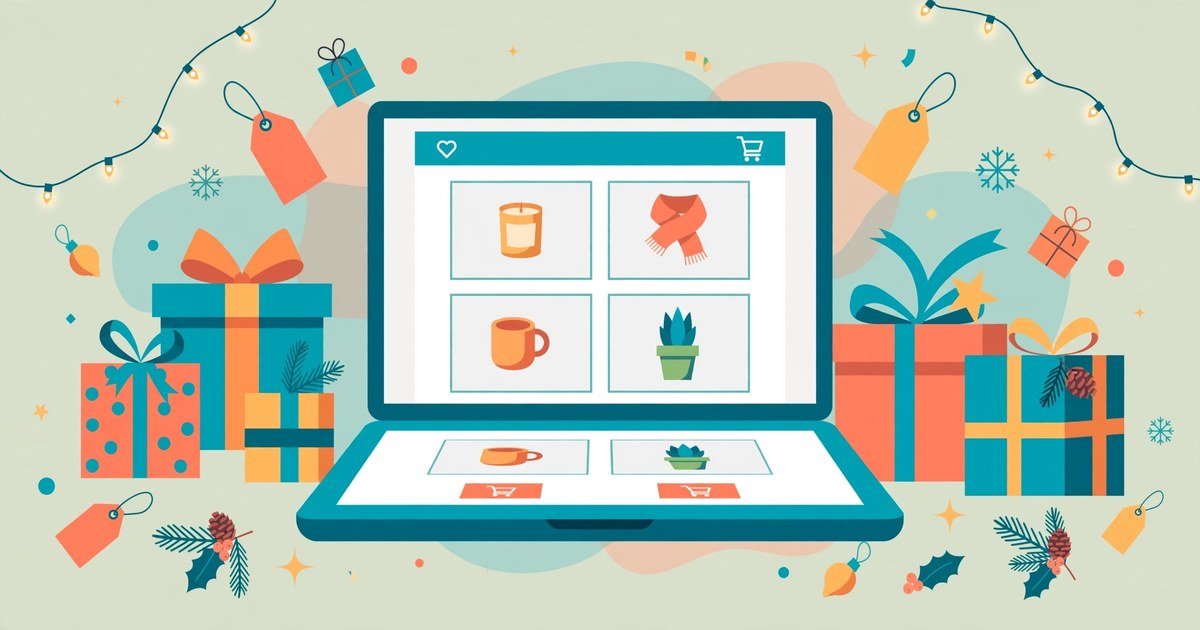 Holiday sales website preparation: laptop showing an online store with gift boxes and sale tags