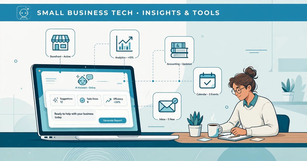 AI assistant dashboard on a laptop connected to small business apps for storefront, analytics, accounting and email