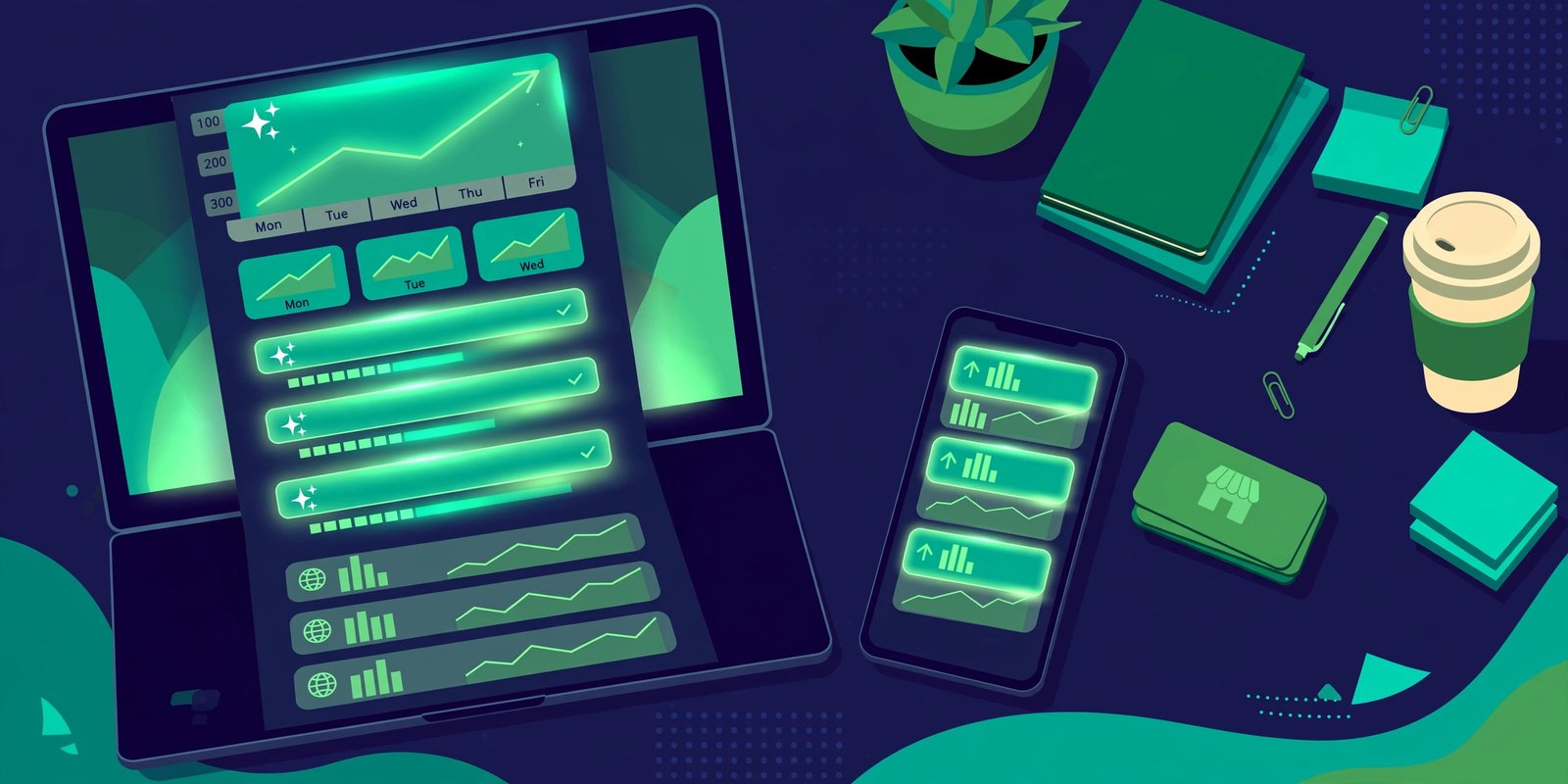 Google Search Console AI visibility report: analytics dashboard with AI answer cards and performance charts on a laptop and phone