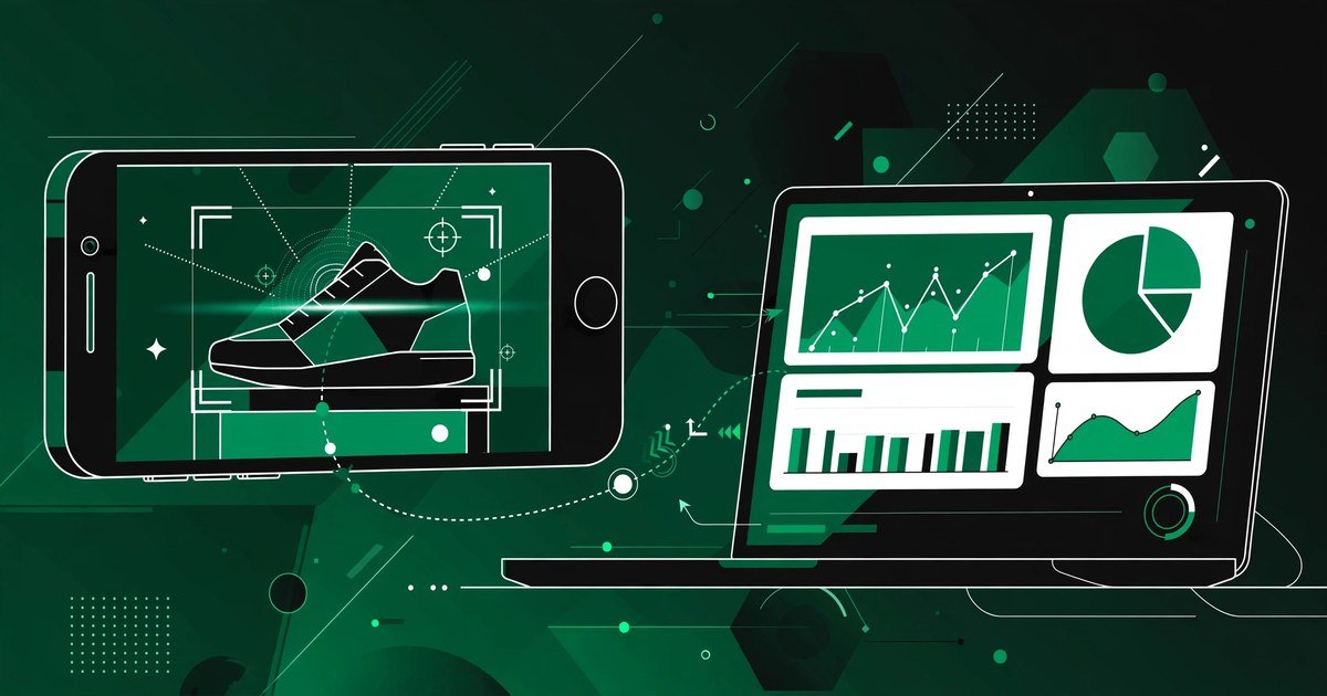 Google Search Console multimodal report: smartphone scanning a product next to analytics dashboard with visual search traffic charts on a laptop